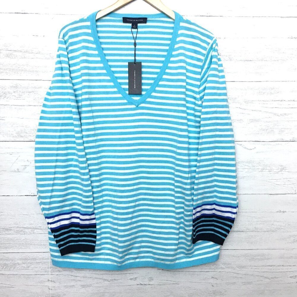 NEW Tommy Hilfiger Turquoise Blue & White Striped Cotton Sweater Long Sleeve 1X